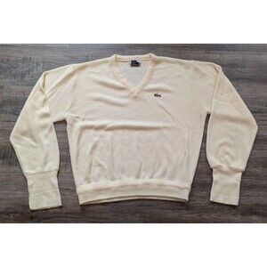 Vintage Izod Lacoste V Neck Sweater Mens Large Pale Yellow Acrylic 80s